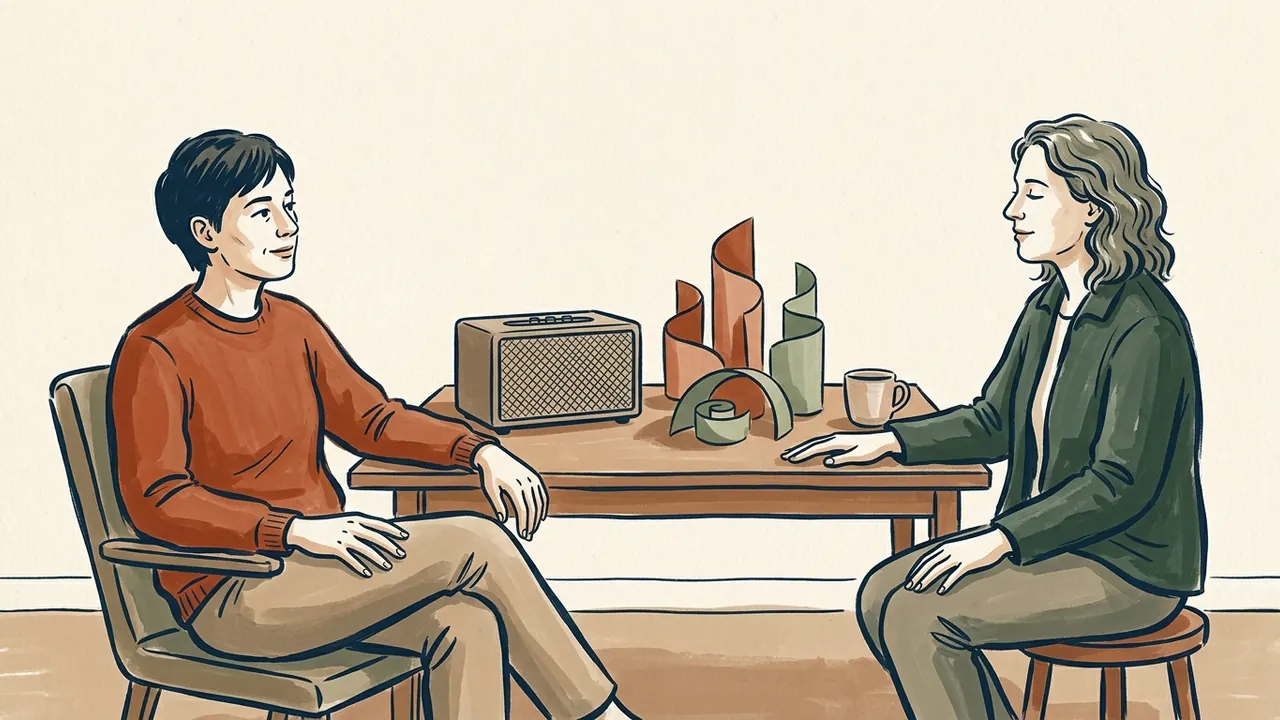 Dos personas escuchan música junto a un altavoz y figuras abstractas de papel.