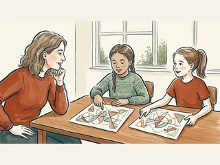Dos niñas muestran dibujos geométricos a una persona adulta que las escucha.