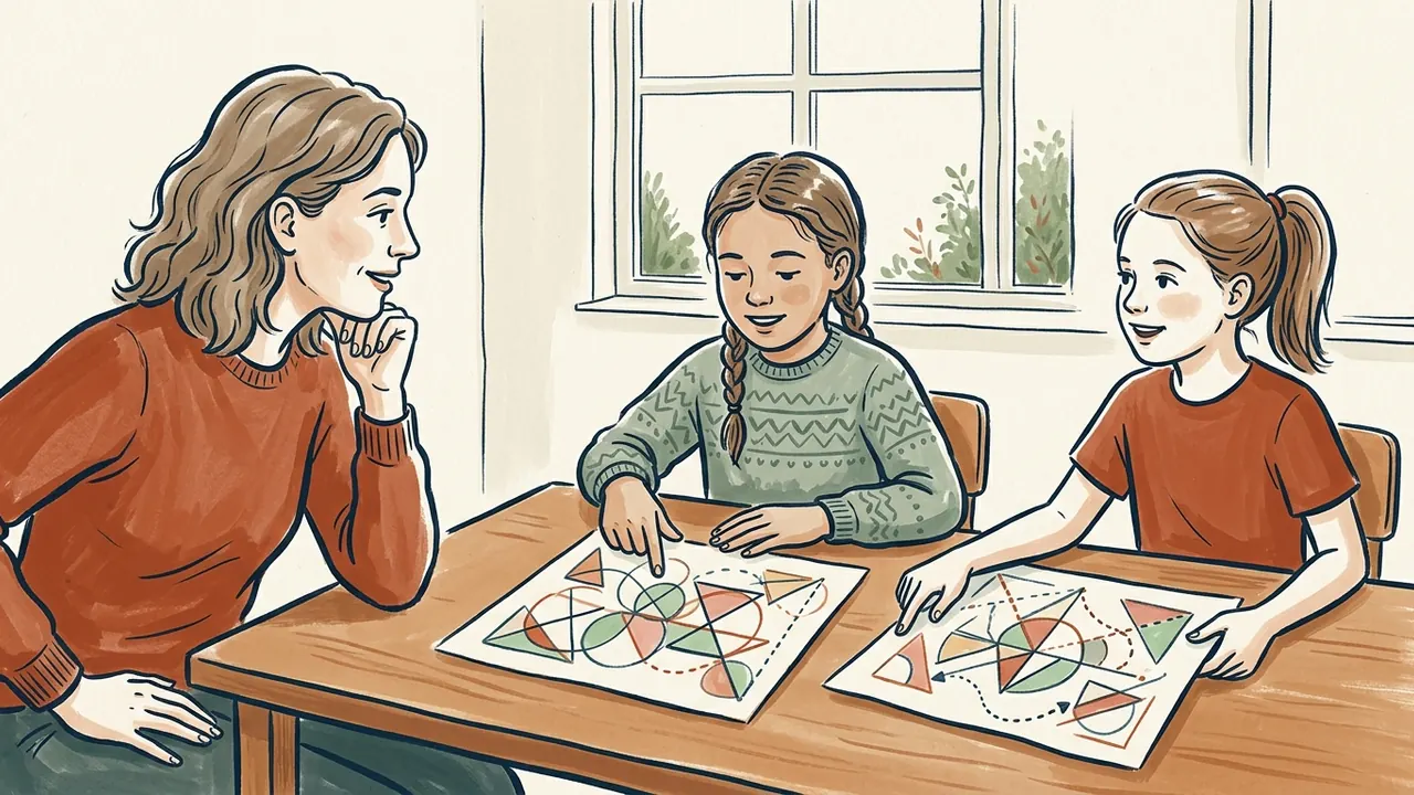 Dos niñas muestran dibujos geométricos a una persona adulta que las escucha.