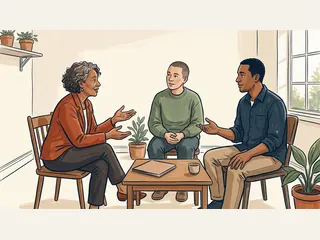 Tres personas adultas dialogan sentadas alrededor de una mesa baja.