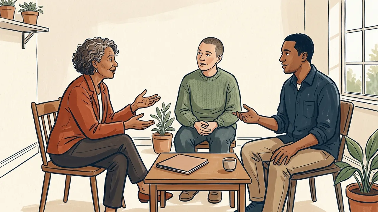 Tres personas adultas dialogan sentadas alrededor de una mesa baja.