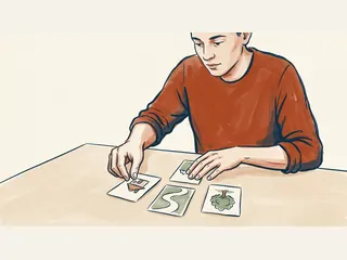 Una persona organiza tarjetas ilustradas para crear un relato.