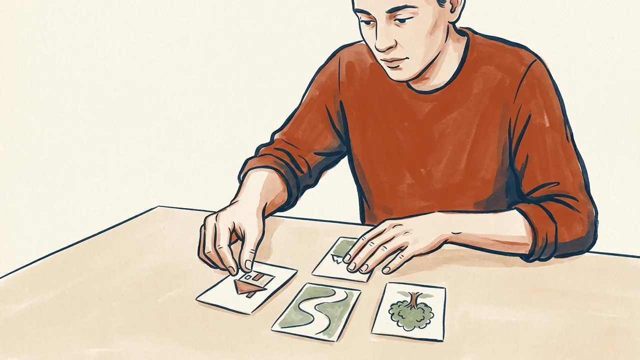 Una persona organiza tarjetas ilustradas para crear un relato.