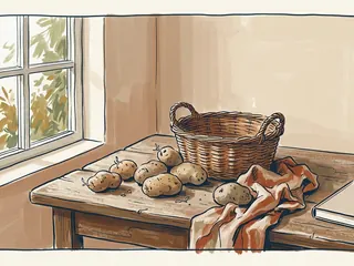 Papas junto a una cesta vacía y un paño sobre una mesa de madera.