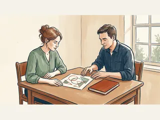 Dos personas observan una lámina con figuras geométricas junto a un cuaderno cerrado.