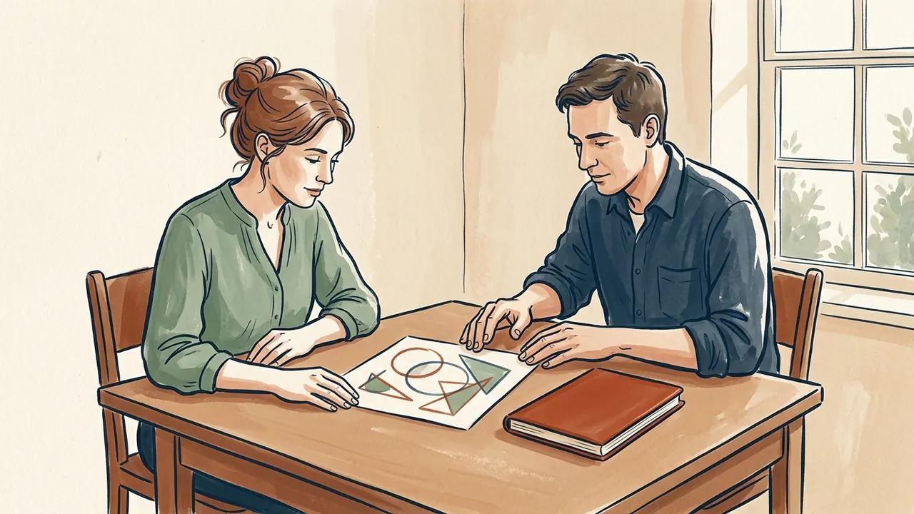Dos personas observan una lámina con figuras geométricas junto a un cuaderno cerrado.