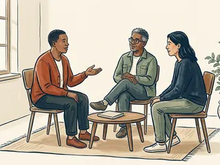 Tres personas conversan sentadas en círculo junto a una mesa baja con un cuaderno cerrado.