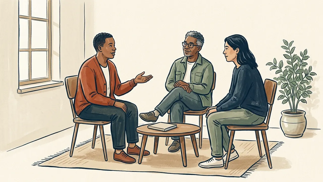 Tres personas conversan sentadas en círculo junto a una mesa baja con un cuaderno cerrado.