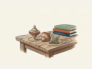 Tres peonzas de madera sobre una mesa, junto a cordeles y libros sin títulos.