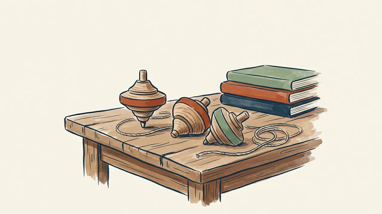 Tres peonzas de madera sobre una mesa, junto a cordeles y libros sin títulos.