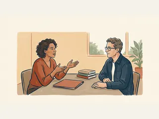 Dos personas conversan junto a una carpeta lisa en una sala educativa.