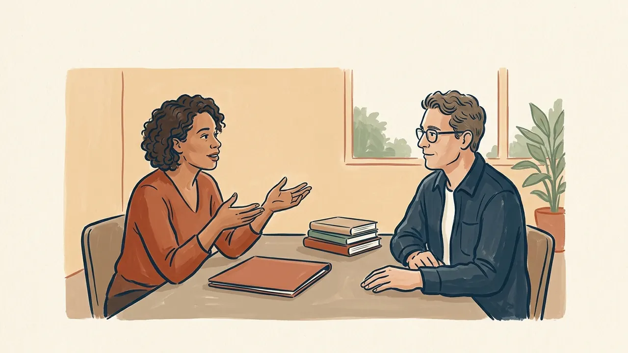 Dos personas conversan junto a una carpeta lisa en una sala educativa.