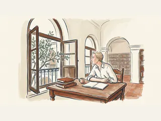 Una persona observa una rama desde una ventana junto a un cuaderno abierto.