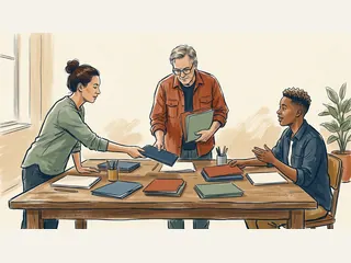 Tres personas adultas ordenan carpetas de colores lisos sobre una mesa de trabajo.