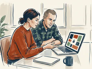 Dos personas revisan un portátil con bloques abstractos y un candado en la pantalla.