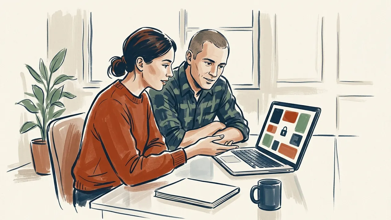 Dos personas revisan un portátil con bloques abstractos y un candado en la pantalla.