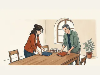 Dos adultos de piel clara preparan una sala de formación con carpetas sin texto.