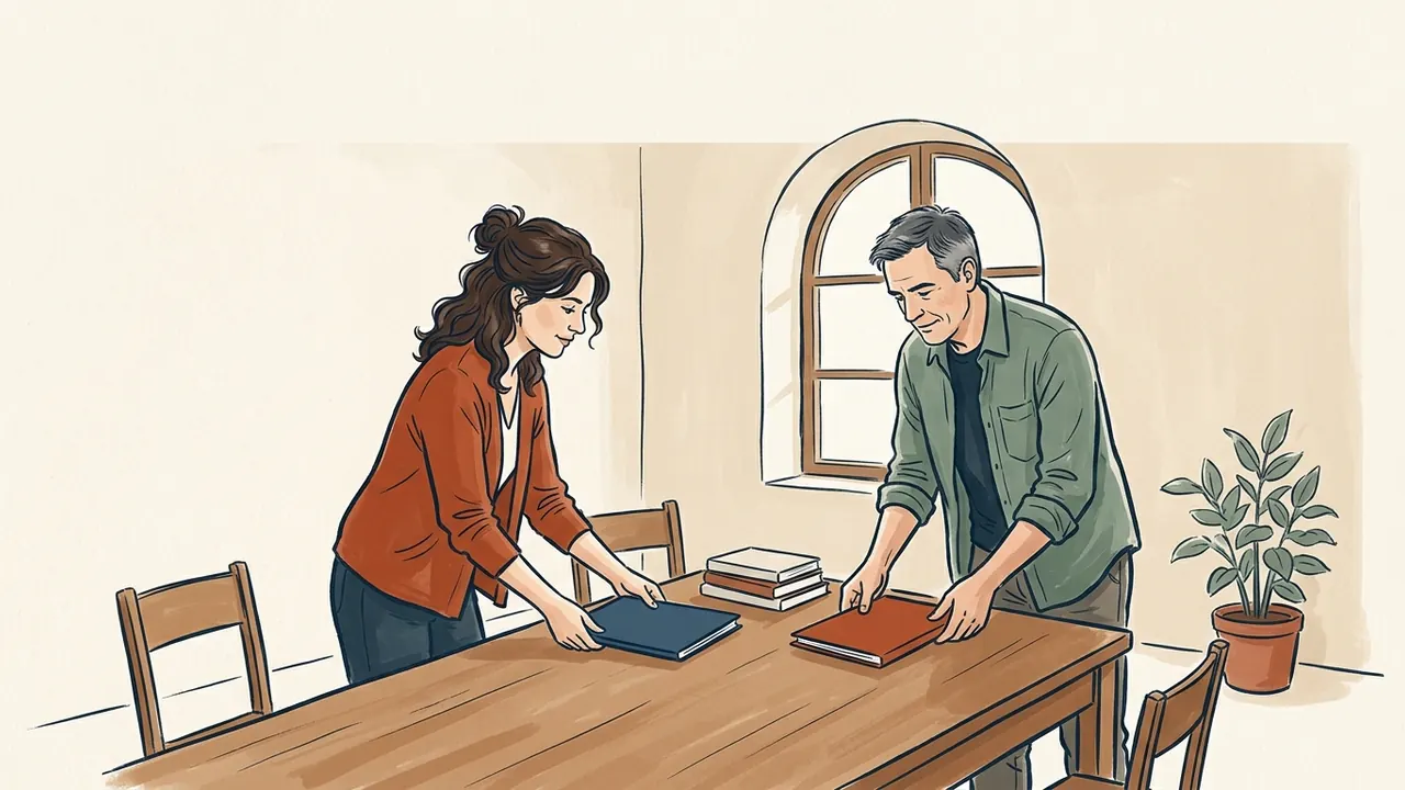 Dos adultos de piel clara preparan una sala de formación con carpetas sin texto.