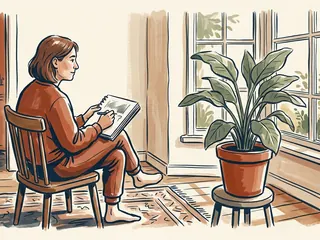 Una persona dibuja una planta en un cuaderno junto a una ventana.