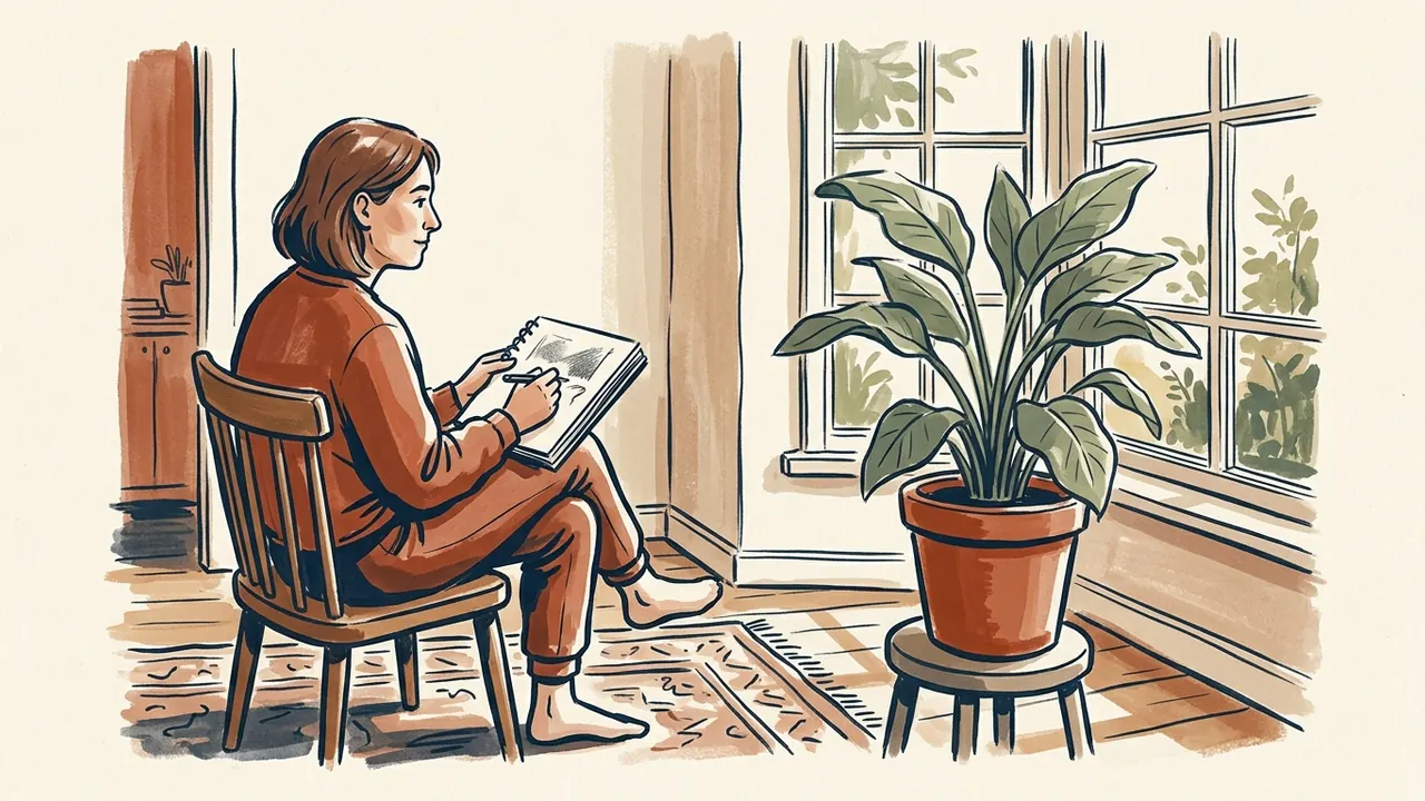 Una persona dibuja una planta en un cuaderno junto a una ventana.
