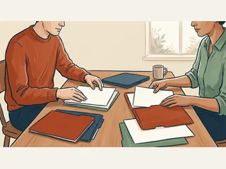 Dos personas organizan carpetas y hojas lisas junto a un ordenador cerrado.