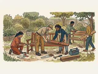 Cinco personas colaboran en el arreglo y la preparación de bancos de madera en un jardín.