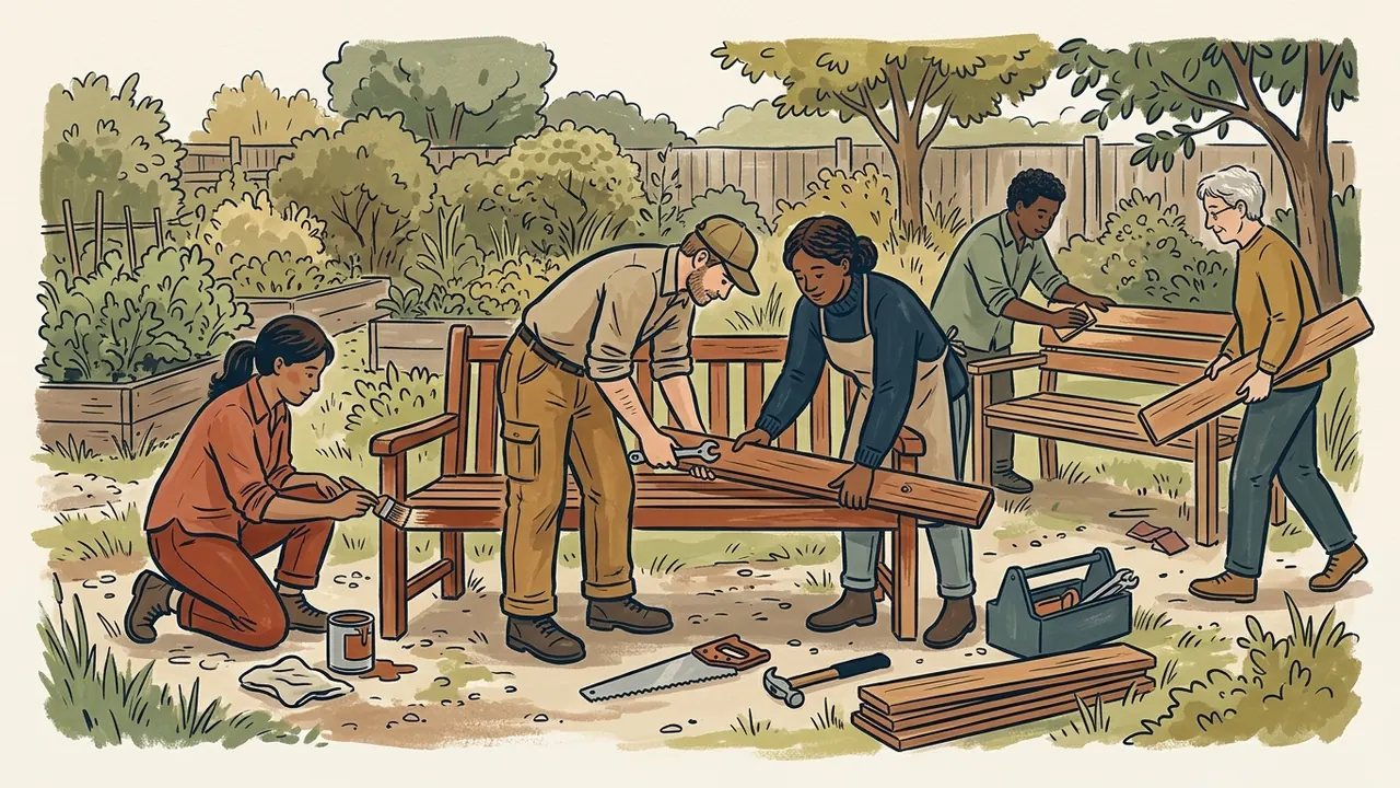 Cinco personas colaboran en el arreglo y la preparación de bancos de madera en un jardín.