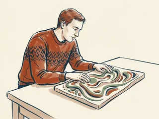 Una persona adulta explora con ambas manos una maqueta de relieves curvos sobre una mesa.
