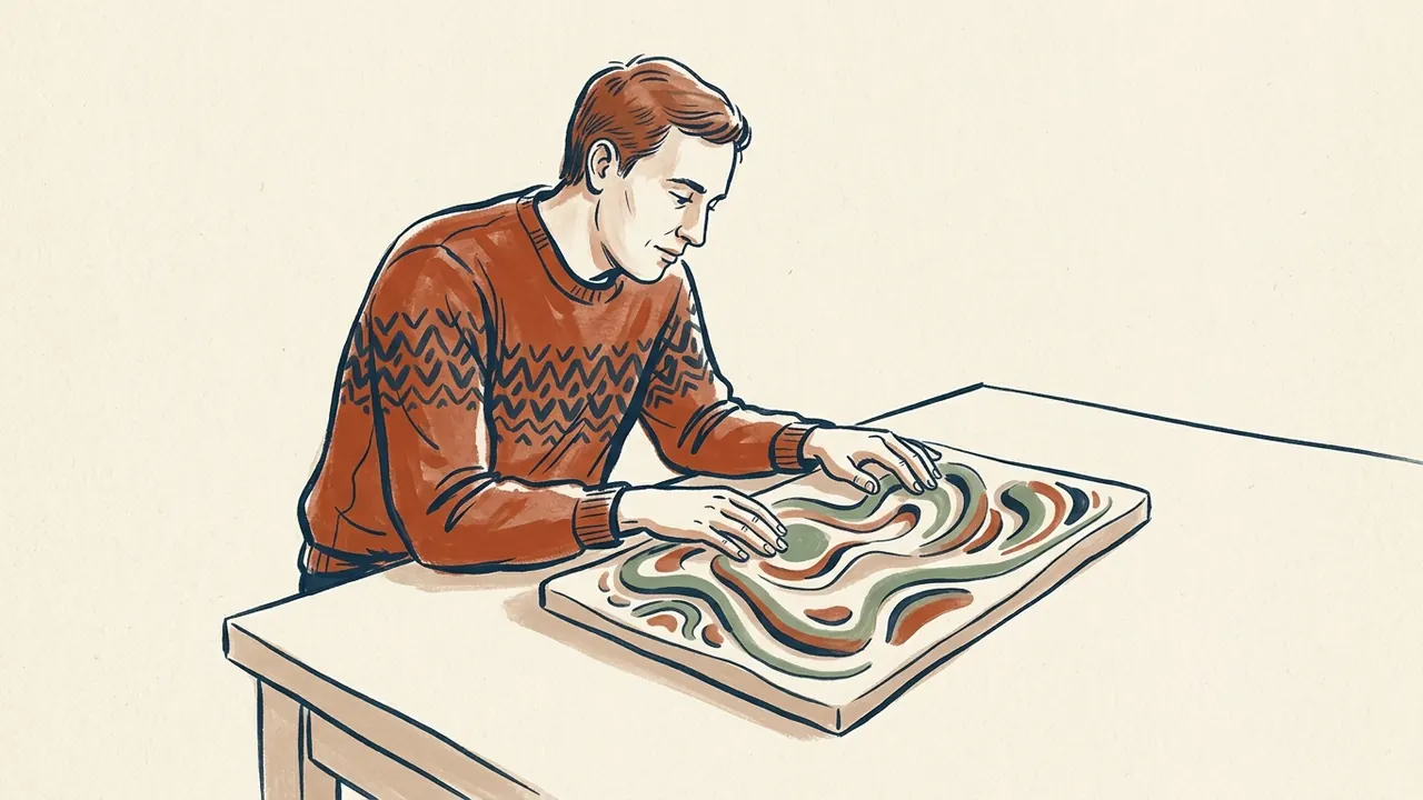 Una persona adulta explora con ambas manos una maqueta de relieves curvos sobre una mesa.
