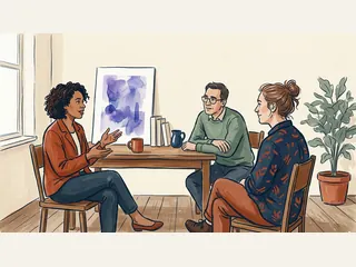 Tres adultos conversan alrededor de una mesa junto a una lámina abstracta.