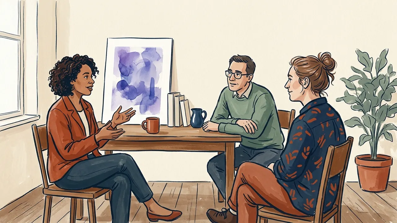 Tres adultos conversan alrededor de una mesa junto a una lámina abstracta.