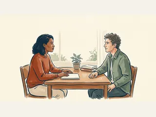 Dos personas adultas conversan en una mesa con un cuaderno cerrado.