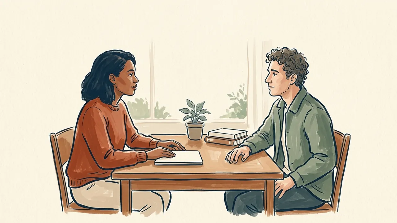 Dos personas adultas conversan en una mesa con un cuaderno cerrado.