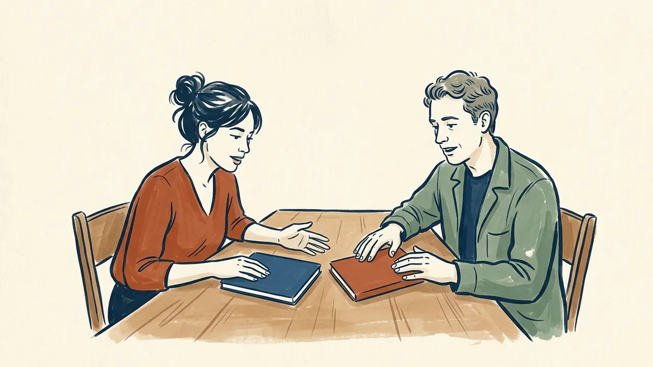 Dos personas comparan cuadernos cerrados sobre una mesa.