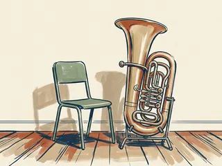 Una tuba estilizada descansa en un soporte junto a una silla.