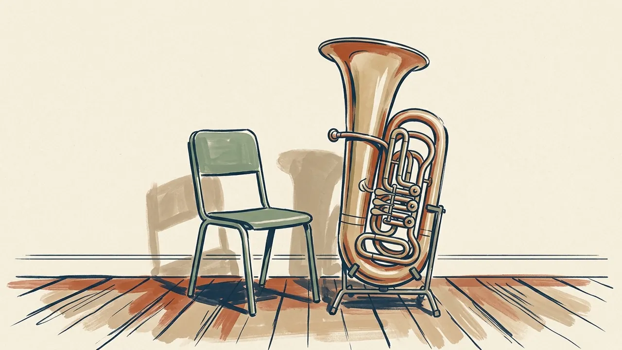 Una tuba estilizada descansa en un soporte junto a una silla.