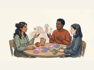 Tres personas conversan alrededor de una mesa con tarjetas rosas, violetas y azules.