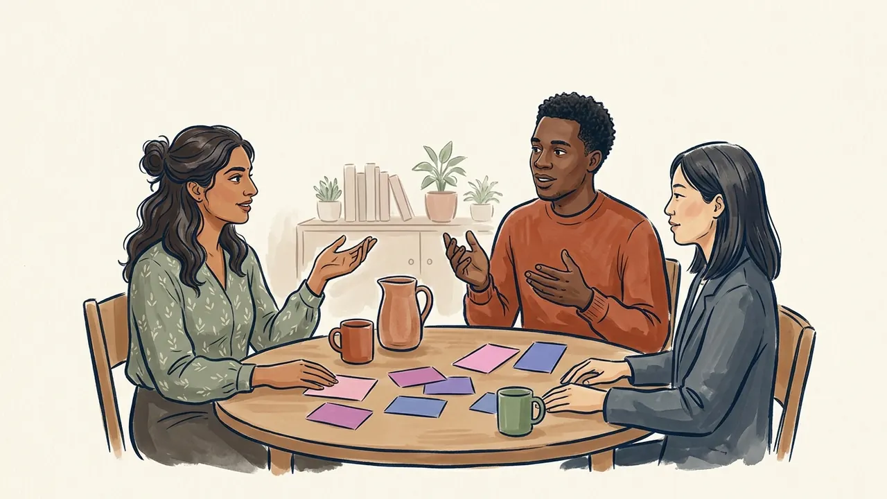 Tres personas conversan alrededor de una mesa con tarjetas rosas, violetas y azules.
