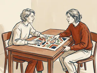 Dos personas adultas conversan sobre una lámina de formas abstractas.