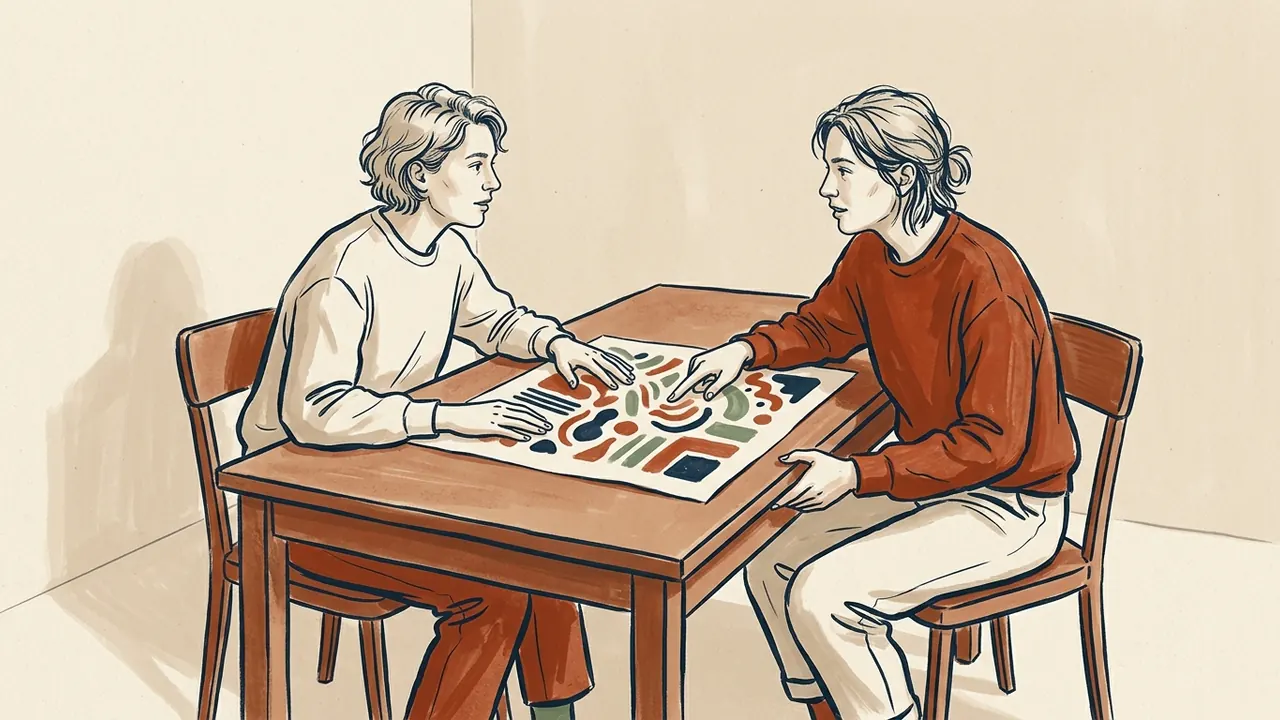 Dos personas adultas conversan sobre una lámina de formas abstractas.