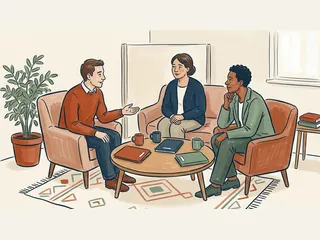Tres personas adultas conversan alrededor de una mesa con carpetas cerradas de colores lisos.