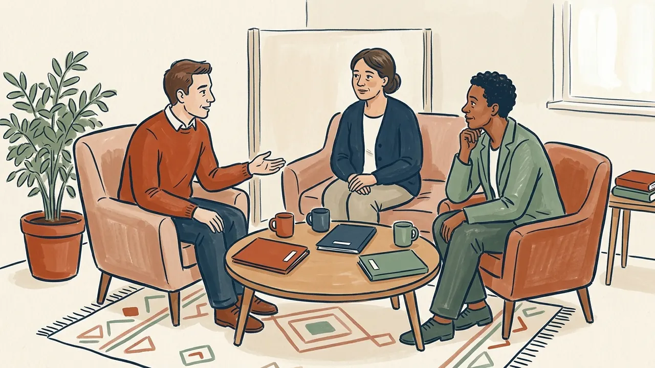 Tres personas adultas conversan alrededor de una mesa con carpetas cerradas de colores lisos.