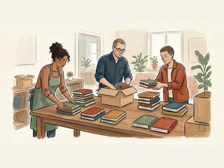 Tres personas organizan libros de cubiertas lisas alrededor de una mesa.