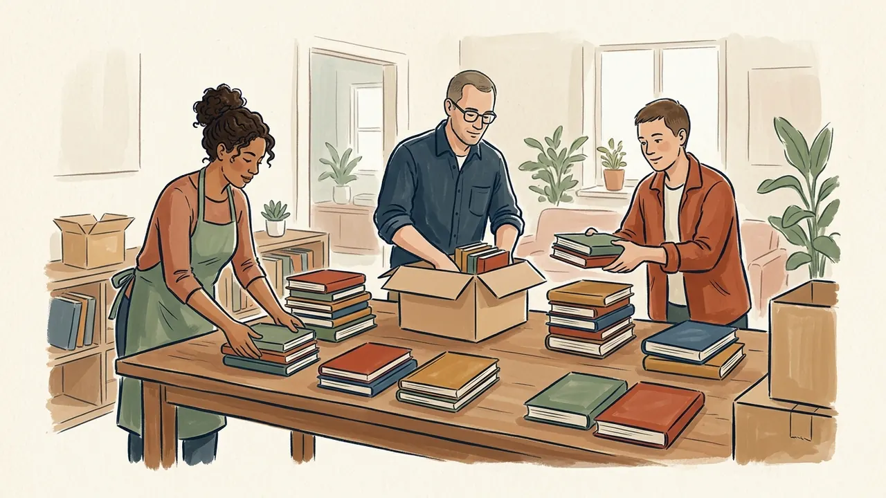 Tres personas organizan libros de cubiertas lisas alrededor de una mesa.
