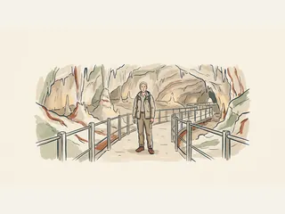 Guía en una pasarela turística delimitada dentro de una cueva.