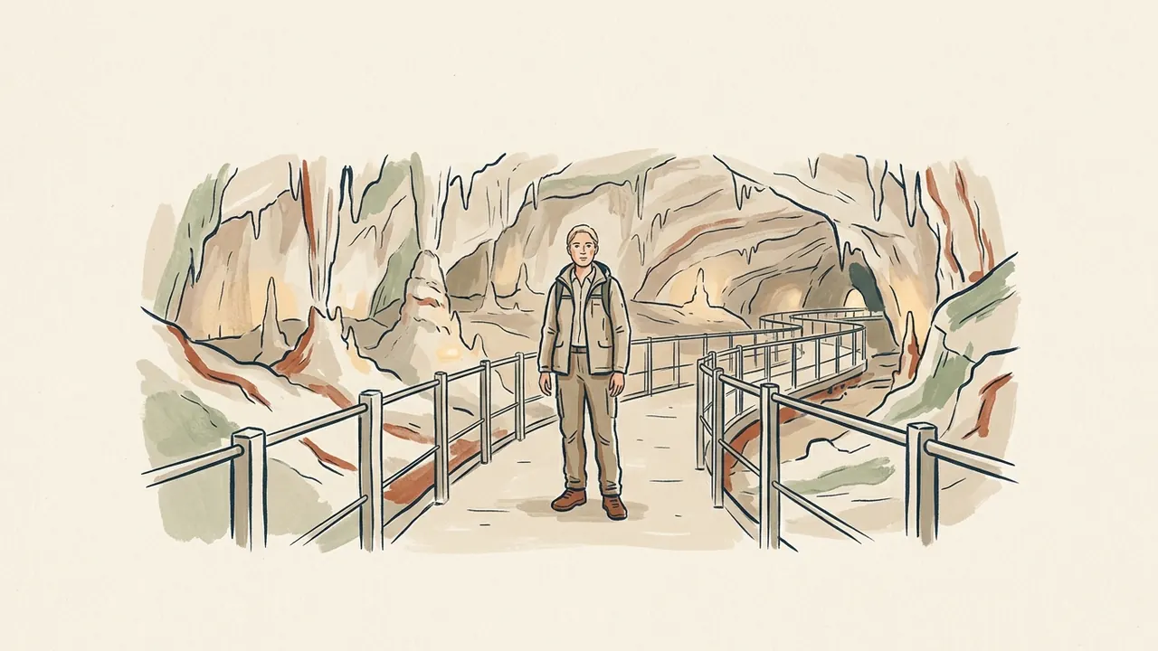 Guía en una pasarela turística delimitada dentro de una cueva.