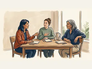 Tres mujeres adultas conversan alrededor de una mesa con cuadernos cerrados.