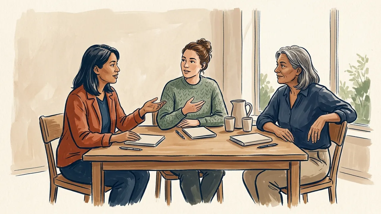Tres mujeres adultas conversan alrededor de una mesa con cuadernos cerrados.
