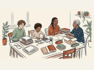Varias personas de distintas edades ordenan libros y materiales de dibujo alrededor de una mesa.