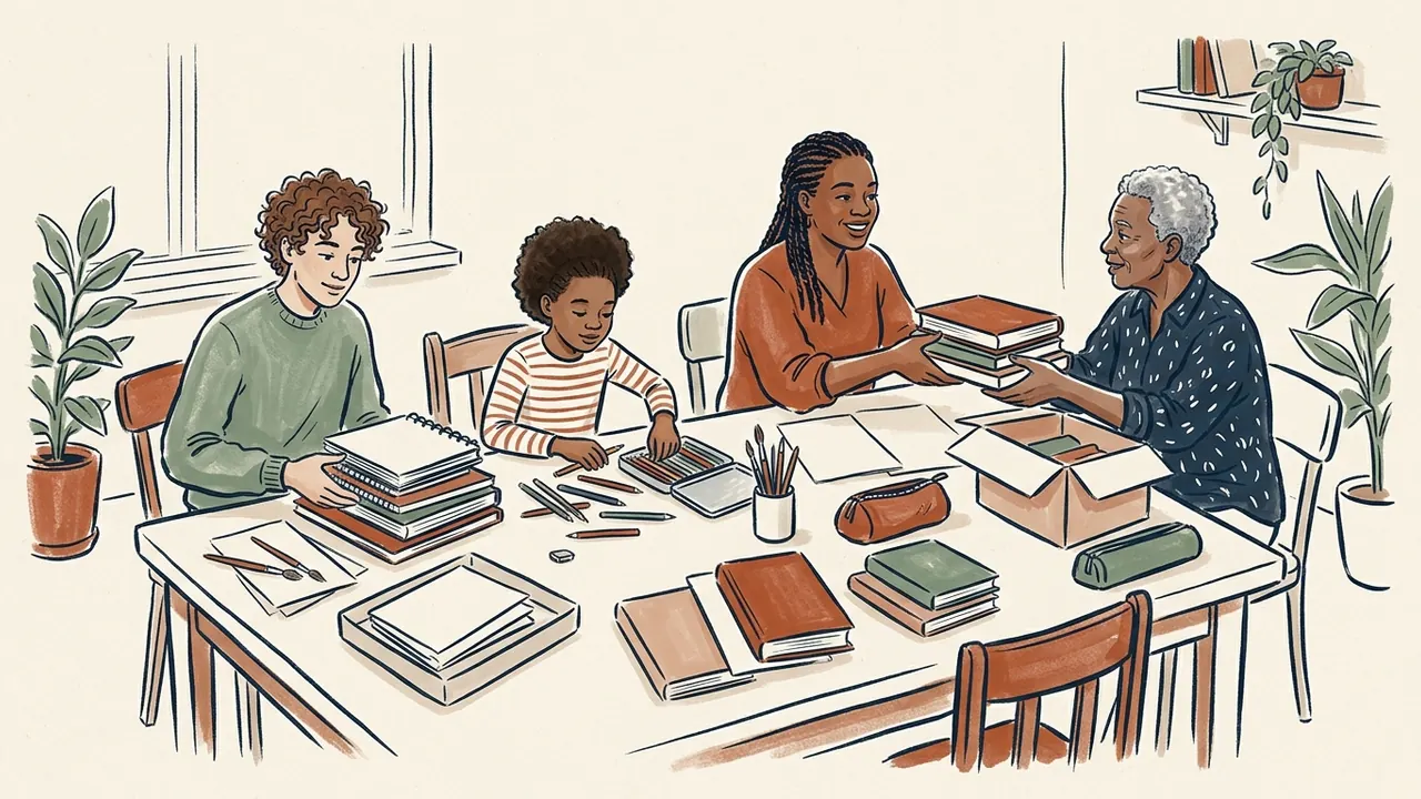 Varias personas de distintas edades ordenan libros y materiales de dibujo alrededor de una mesa.